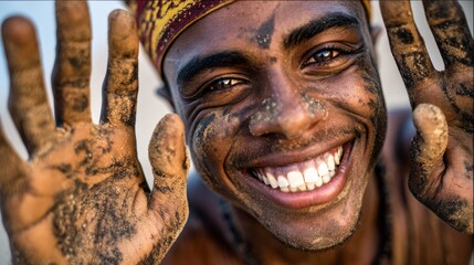 Smiling young man with sandy hands celebrating joy and happiness in the outdoors during a sunny day by the beach or ocean