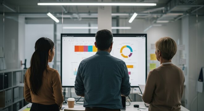 Three diverse colleagues, a young adult woman, a middle-aged man, and a middle-aged woman, analyze data visualizations on a large screen during a business meeting in a modern office. - Powered by Adobe
