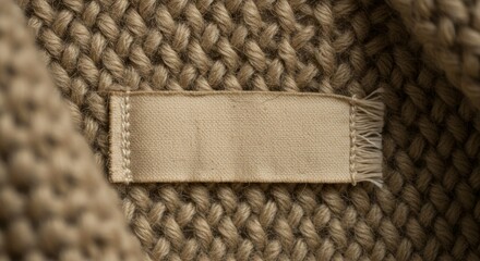 Close-up view of a blank beige fabric label on knitted garment.
