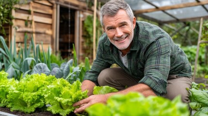 Smiling man tending to fresh lettuce in vibrant garden full of green vegetables and herbs, enjoying organic farming lifestyle