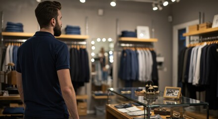 Fototapeta premium Adult Caucasian man with a beard standing in a retail clothing store, looking at the selection of menswear on display racks and shelves