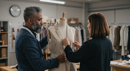 Middle-aged man and woman fashion designers collaborate on a dress form in a bright creative studio workshop