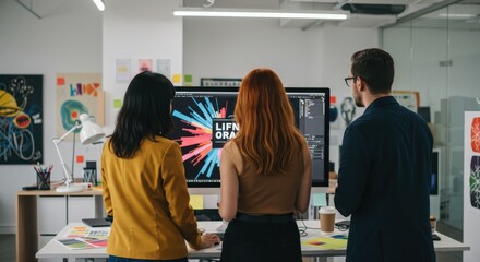 Three young adult graphic designers, two women and one man, collaborate on a colorful digital design project displayed on a computer screen in a modern office environment.