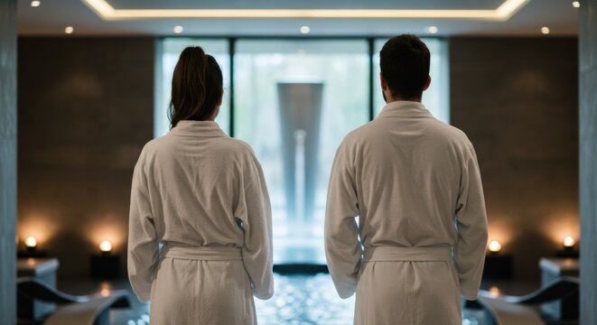 Rear view of a man and a woman wearing white bathrobes, standing in a luxurious spa or hotel relaxation area and looking out towards a large window and an outdoor water feature.