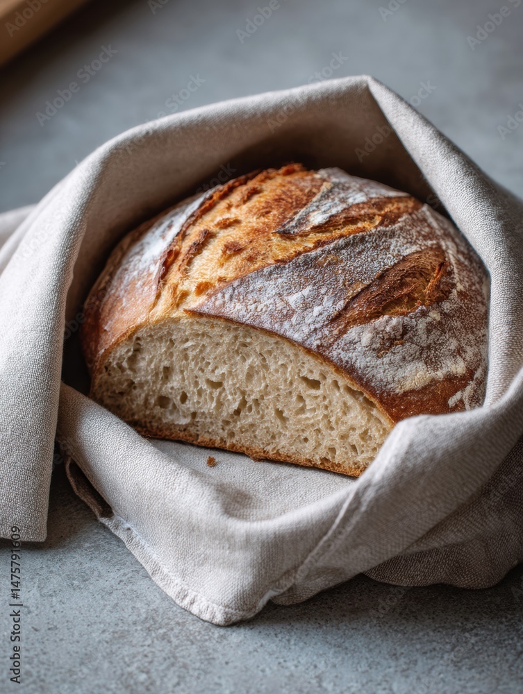 Poster freshly baked sourdough loaf nestled in a rustic linen wrap with an inviting open corner