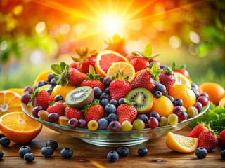 Naklejka premium Vibrant Fruit Platter Double Exposure: Healthy Snack, Colorful & Juicy Fruits