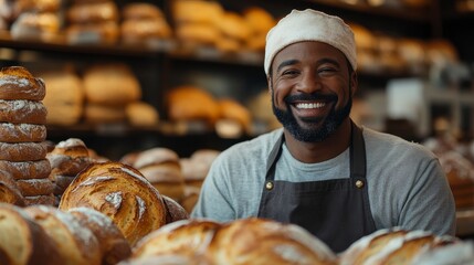 Fototapeta premium Smiling baker with fresh bread at the store, surrounded by piles of delicious loaves