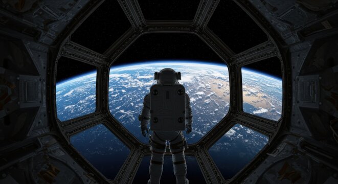 A lone astronaut in a white spacesuit stands in the cupola module of a space station, looking out at the vast blue and white swirling clouds of planet Earth below.