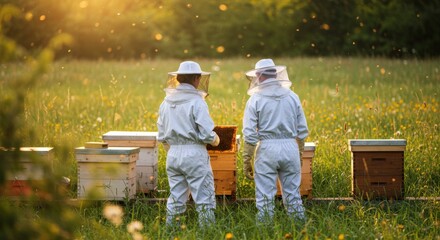 Two people in protective beekeeping suits tending to wooden beehives in a sunny, grassy field, surrounded by flying insects