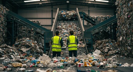 Two workers in high-visibility vests stand amidst massive piles of mixed waste and conveyor belts at a busy recycling and sorting facility.