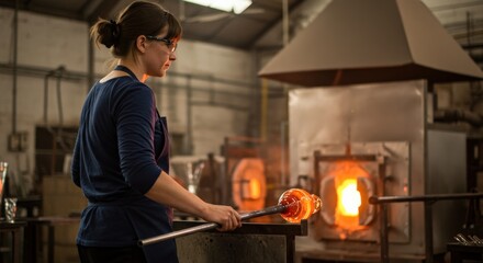 Skilled adult woman glassblower shaping molten glass with a blowpipe near a hot furnace in a traditional workshop
