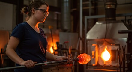 Young adult white woman glassblower wearing safety glasses, shaping molten glass on a blowpipe in a hot workshop near a furnace