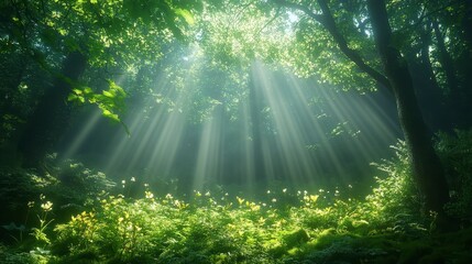 Obraz premium Sunbeams filter through lush, green forest foliage onto a wildflower meadow