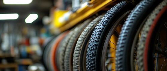 Bicycle tires neatly lined on a yellow shelf in a repair shop