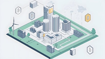 Obraz premium A schematic illustration of a sustainable city powered by blockchain technology.