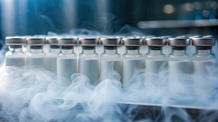 Vaccine vials lined up in production facility with mist surrounding them creating clean and sterile environment for safe handling