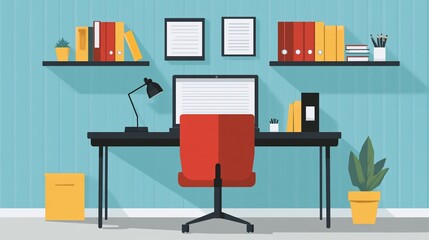 Workspace Illustration Featuring a Desk, Laptop, and Office Supplies
