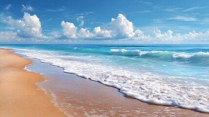 A beautiful yellow sand beach with a blue water and sky background