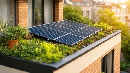 Fototapeta premium Solar panels atop urban green roof provide sustainable energy in residential city environment today.