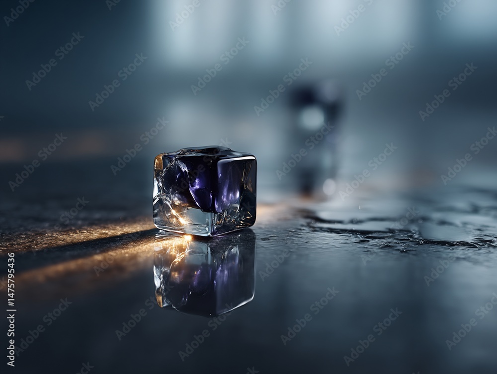 Poster close-up of a glowing ice cube on a reflective surface