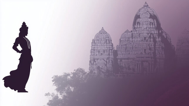 a Soft Gradient Background Transitioning from Dark Purple to White, Featuring a Sillhoutte of Lord Venkateswara (Venkatachalapathi) Standing Gracefully and the Tirumala Temple