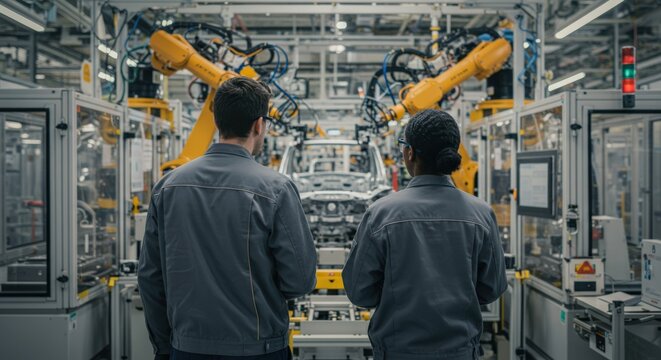 Rear view of a male and female engineer observing robotic arms assembling a car chassis on a production line in a large, modern industrial factory setting.
