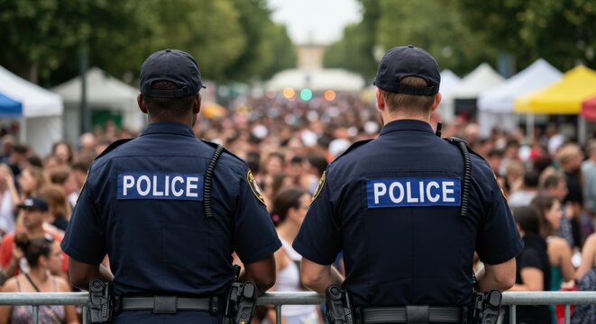 Two police officers stand guard, facing away from the camera, overlooking a large crowd gathered at an outdoor public event with tents visible in the background.