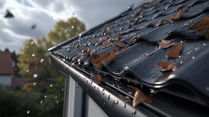 Close-up of Hipped Roof with Dark Tiles and Stormy Sky