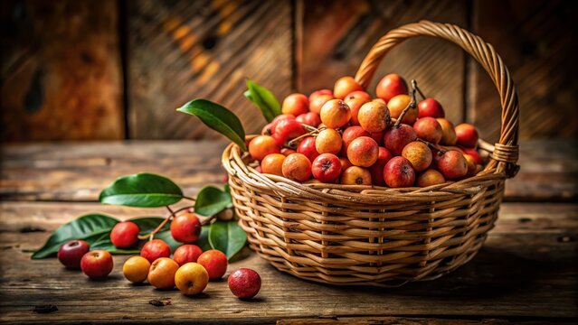 Vintage Kusum Fruits in Basket on Rustic Wood - Stock Photo