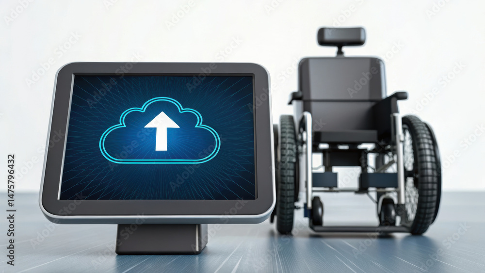 Poster cloud upload icon on digital screen with wheelchair in background symbolizing vaccine production fac