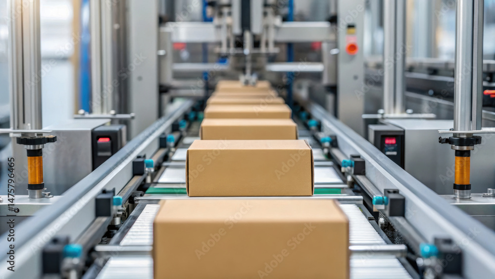 Poster vaccine production facility conveyor system transporting cardboard boxes in automated packaging line