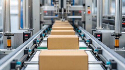 Fototapeta premium Vaccine production facility conveyor system transporting cardboard boxes in automated packaging line ensuring efficient shipment and safety