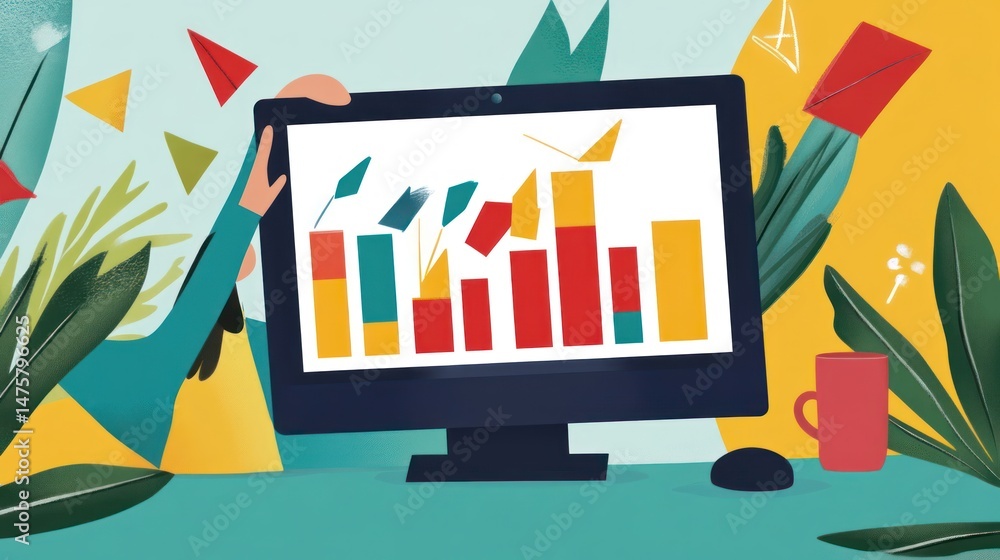 Poster colorful data visualization: a person presenting business charts on a computer screen surrounded by 