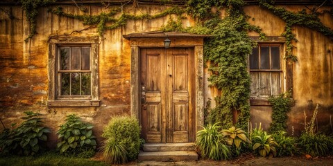 Vintage Old House Exterior with Wooden Door - Rustic Home Architectural Detail Stock Photo