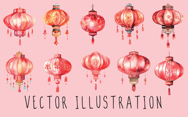 Set collection of chines lamp lantern watercolor vector illustration