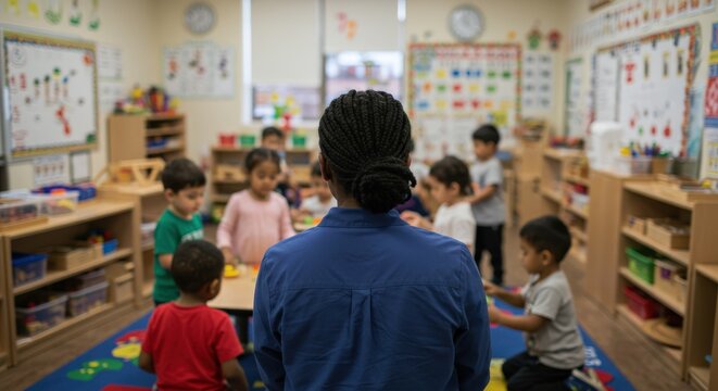 Female teacher observes a diverse group of young children engaged in activities at tables in a colorful preschool classroom. - Powered by Adobe