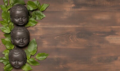 Obraz premium Three Serene Black Buddha Faces Surrounded by Green Leaves on a Rustic Wooden Background for Peace and Tranquility Themes