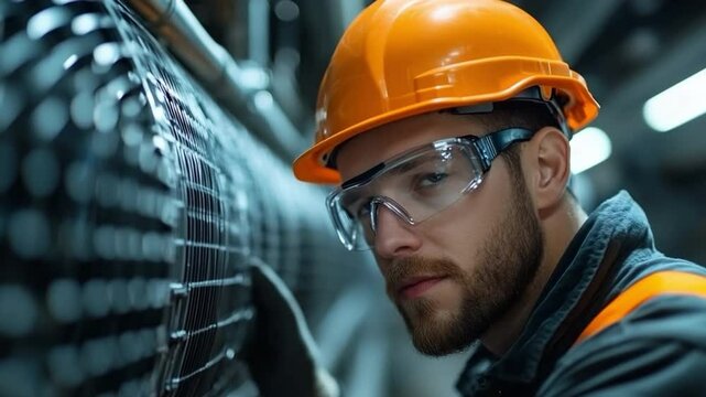 Focused Industry Professional: A focused industry professional, dons safety gear, inspecting equipment, embodying dedication in a functional environment.