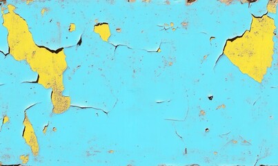 Obraz premium Cracked and Peeling Paint on a Blue and Yellow Surface with Textured Details Highlighting Weathered and Rustic Appearance