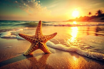 Fototapeta na wymiar Vintage Starfish & Ocean Waves: Summer Beach Vacation Background