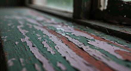 Naklejka premium Peeling Paint on Old Window Sill: A Study in Decay and Texture