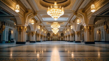 Obraz premium Ornate Hallway with Chandeliers and Marble Floor