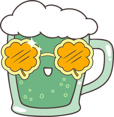 Patrick s Day Celebration with Groovy Leprechaun, glasses of beer, pots with gold, horseshoes and coins, lucky car elements Hand Drawn design