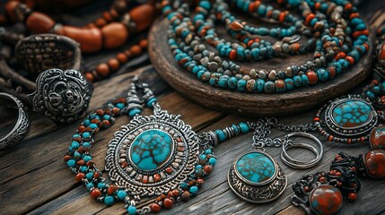 Fototapeta premium Close-up of intricate beaded necklaces, rings, and jewelry in varied colors