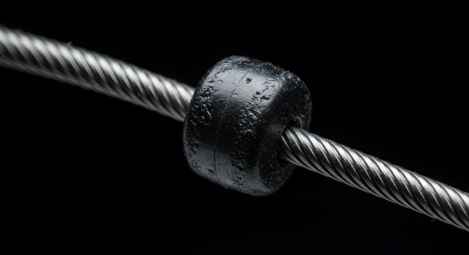 Close-up of Black Cylinder on a Metal Cable: Industrial Design Photography