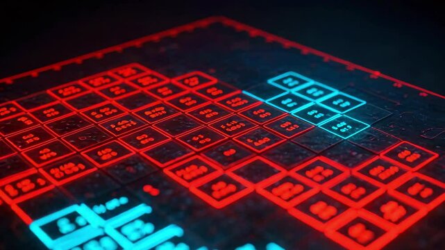 Futuristic digital periodic table glowing with blue and red elements on a dark background