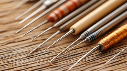 Close-up of pottery tools on wood with colorful grips and metal tips