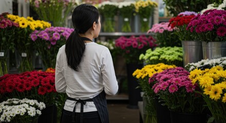 Fototapeta premium Rear view of an adult Asian woman wearing an apron, standing among vibrant, colorful flowers in buckets inside a bustling florist shop.