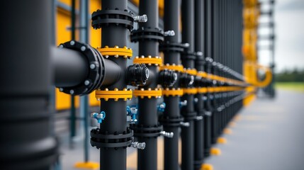 Fototapeta premium Array of industrial pipes running parallel showing connections and infrastructure in processing environment.