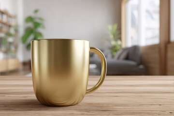 Fototapeta premium Golden mug sits on a wooden table in a modern interior.